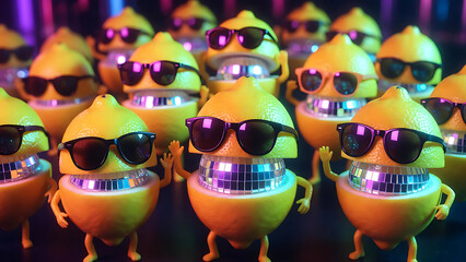 Fototapeta premium Group of Cartoon Lemons Wearing Sunglasses and Dancing with Disco Lights in the Background