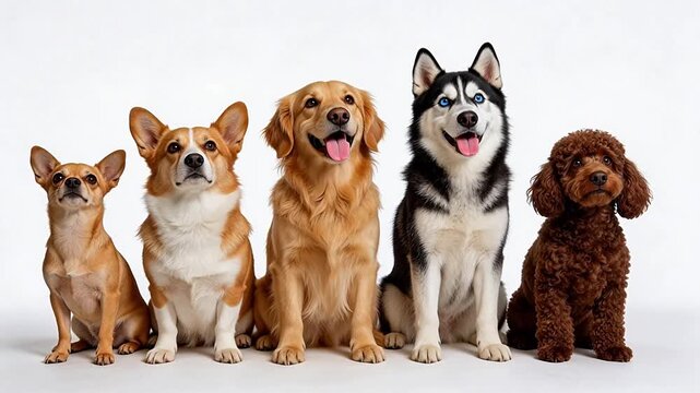 Five diverse dog breeds sitting in a row on white background: Chihuahua, Corgi, Golden Retriever, Siberian Husky, and Poodle &mdash; studio portrait of loyal pets