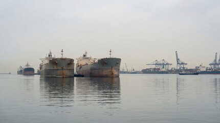 Large Crude Oil Tankers Waiting Offshore Near Container Port &ndash; Global Energy and Trade Bottleneck