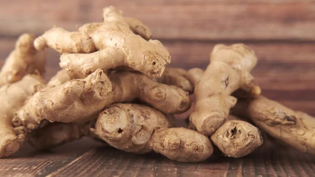 Pile of fresh ginger root on wooden table surface close up motion