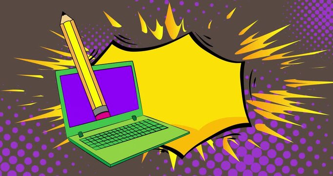 Cartoon Laptop, comic book Notebook with Pencil. Retro cartoon comics pop art animation.