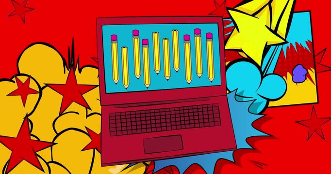 Cartoon Laptop, comic book Notebook with Pencil. Retro cartoon comics pop art animation.