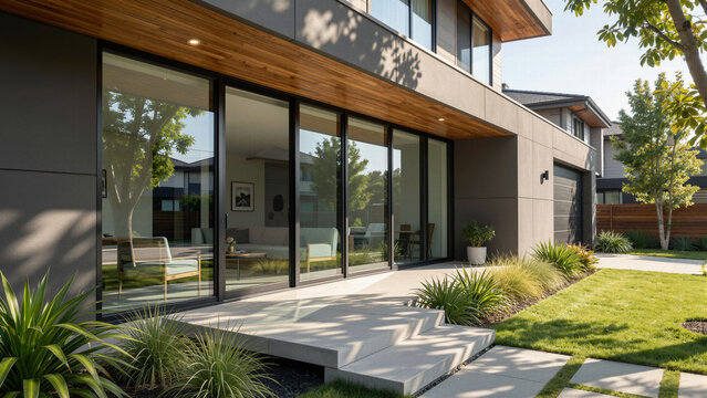 Modern architectural house exterior featuring sleek black-framed sliding glass doors, warm wood paneled eaves, and a minimalist patio garden design for luxury living.
