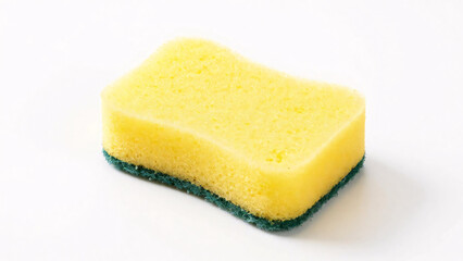 A classic rectangular kitchen sponge with a yellow soft foam side and a green abrasive scouring pad is isolated on a plain white background, providing a clean template for household cleaning product m