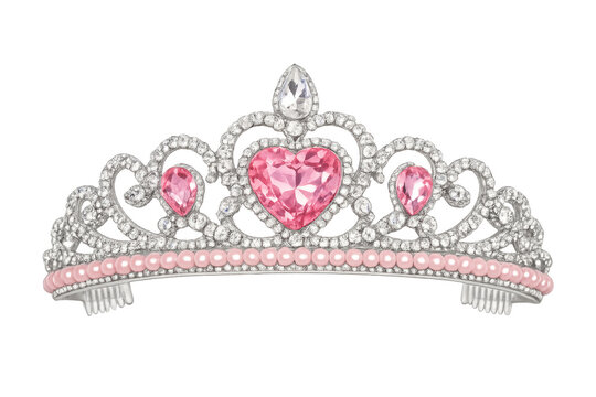 Princess tiara with pink heart gemstones and pearls
