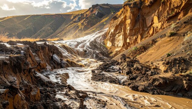 Gigapixel view of a powerful mudflow cascading down steep rocky terrain under a dramatic sky