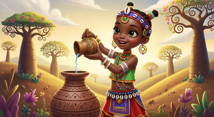 Whimsical African cultural art, young girl in bright tribal outfit