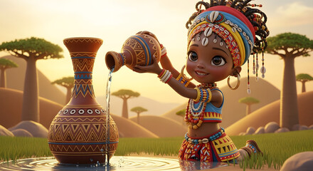 Whimsical African cultural art, young girl in bright tribal outfit