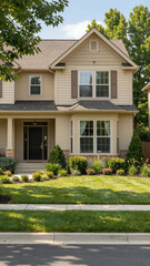 Fototapeta premium Traditional two story suburban house with beige siding and brown shutters featuring large windows and a manicured lawn perfect for family life photography. 