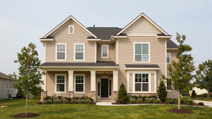 Spacious suburban family home featuring a classic beige siding multiple gables and a welcoming front porch with white columns for a peaceful neighborhood.
