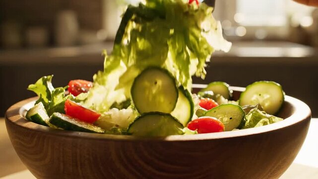 Fresh garden salad in a wooden bowl with cucumber, tomato, and lettuce under warm kitchen light