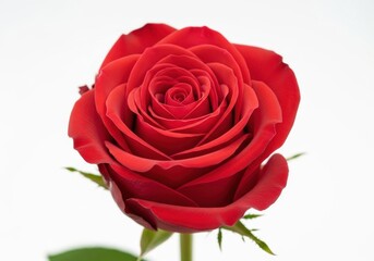 Fototapeta premium Vibrant red rose blooms prominently against a bright white background with soft lighting.