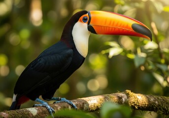 Fototapeta premium Vibrant bird with enormous multicolored beak perches on a mossy branch in a lush jungle setting