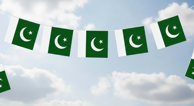 Pakistan flags hanging on a string against a cloudy sky background