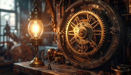 Obraz premium Intricate Steampunk Clockwork Mechanism Featuring Brass Gears and a Glowing Lamp