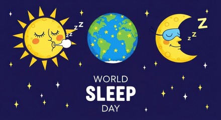 Naklejka premium World sleep day illustration with sleeping sun, earth and moon on dark blue background with stars