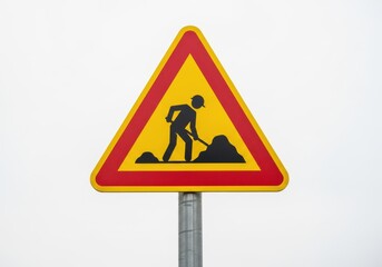 Triangular warning sign indicating road maintenance activities is displayed against a bright sky.