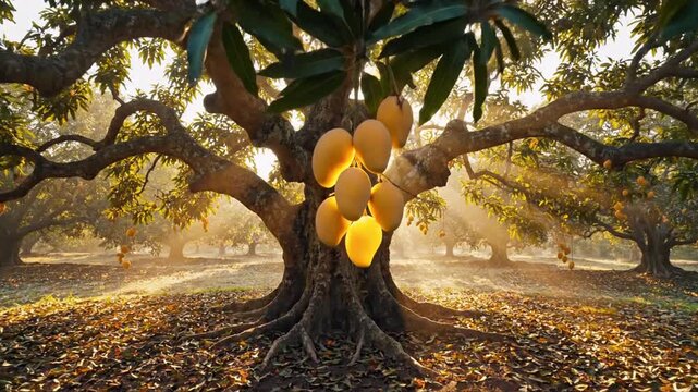 Fresh ripe mangoes hanging from sunlit tree branches in a golden orchard