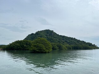 Obraz premium Serene Island Surrounded by Calm Waters and Lush Greenery Under Cloudy Sky
