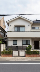 Beautiful white two-story family home with a functional balcony and modern architectural lines located in a serene Japanese residential district.
