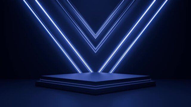 futuristic blue neon podium on dark abstract background display. 3D loops animation	