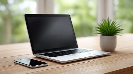 Fototapeta premium Elegant workspace with laptop, smartphone, and green plant on wooden table in naturally lit home environment