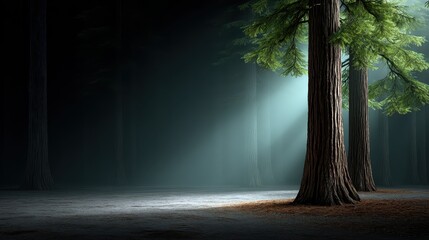 Sunlight Filtering Through Tall Trees in a Dark Forest Creating a Mysterious and Peaceful Atmosphere