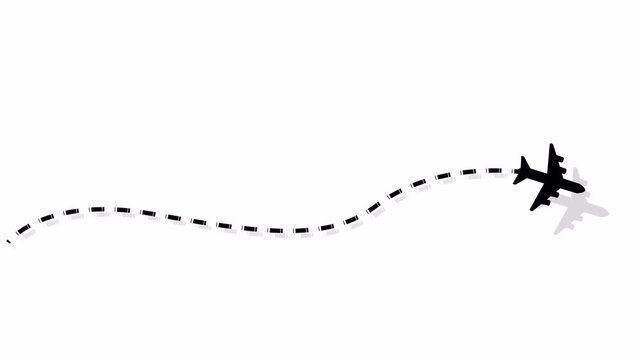 Airplane Line Path Animation on Transparent Background, Travel Flying Route Destination in 4K, Airplane Flight Route with Start Point and Dashed Line Trace Movement on Airplane Map.