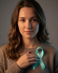Young woman holding a teal ribbon with an empowering expression in a neutral studio background