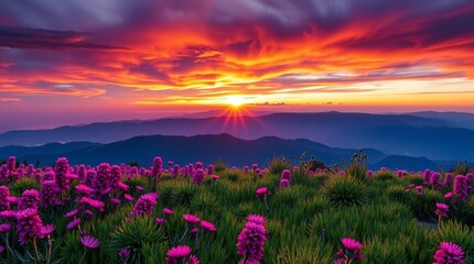 Fototapeta premium Vibrant sunset over a mountain landscape with purple wildflowers