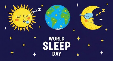 Naklejka premium World sleep day illustration with sleeping sun, earth and moon in space