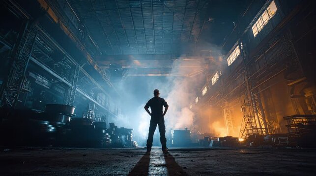 Silhouette of a worker standing in a smoky factory hall with glowing fire and sparks, dramatic scene of heavy industry, danger, and resilience.
