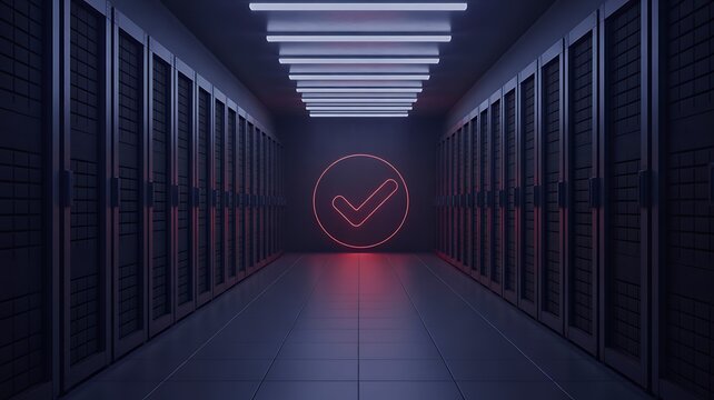Secure server room with check mark cybersecurity data protection concept
