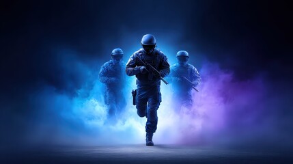 Obraz premium Military Personnel in Action Surrounded by Colorful Smoke in Dramatic Background Atmosphere