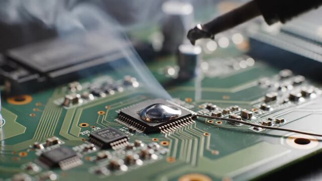 Futuristic electronics workshop with fused circuit chip repair and soldering