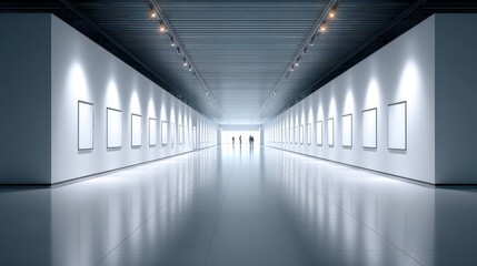 Fototapeta premium Modern Art Gallery Interior with Empty Frames and People Walking Towards Bright Exit Light