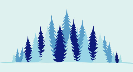 Obraz premium Minimalist blue pine forest illustration, serene winter landscape with stylized evergreen trees in varying shades of blue, graphic design background.