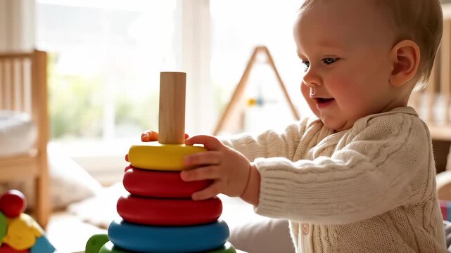 Baby stacking colorful rings on wooden peg, focused hands and concentrated expression in bright nursery, natural window light, educational play encouraging motor skills and early