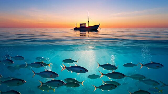 Split View of Fishing Boat at Sunset on Ocean Surface and Underwater School of Fish Swimming in Blue Sea