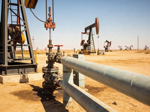 Oil extraction equipment operating in desert landscape viewed from ground level
