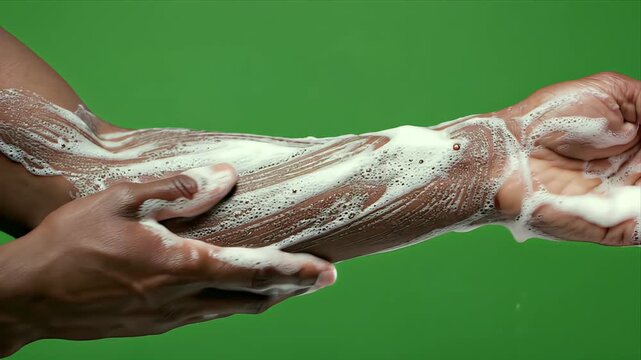 Dark skin adult hands lathering soap foam on forearm with water drops clean hygiene concept against vibrant green