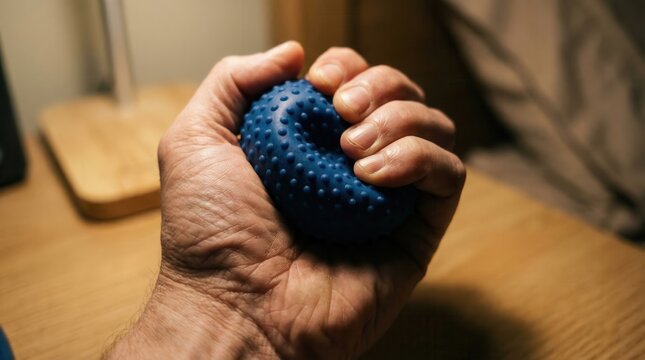 Hand squeezing blue textured physical therapy ball