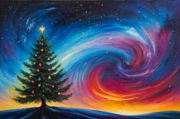 Artistic rendering of a mystical galaxy vortex and a night tree