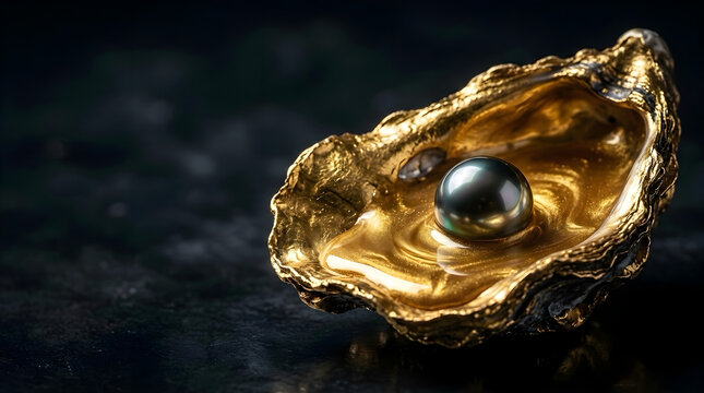Black Pearl in Golden Oyster Shell with Liquid Gold - Rare Luxury and Value Concept