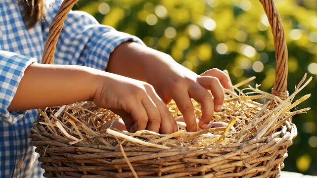 White child hands place speckled quail eggs into strawlined wicker basket in sunny garden gingham sleeve, soft bokeh background, careful picking and rustic harvest mood. Happy Easter
