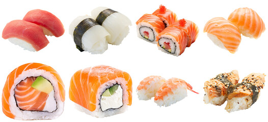 diverse assortment of fresh, vibrant sushi and sashimi pieces, including nigiri and maki rolls, beautifully arranged on a dark backdrop. © Akbar