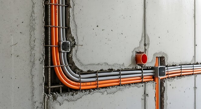The construction site shows orange and gray industrial pipes secured with cable ties on a concrete wall.