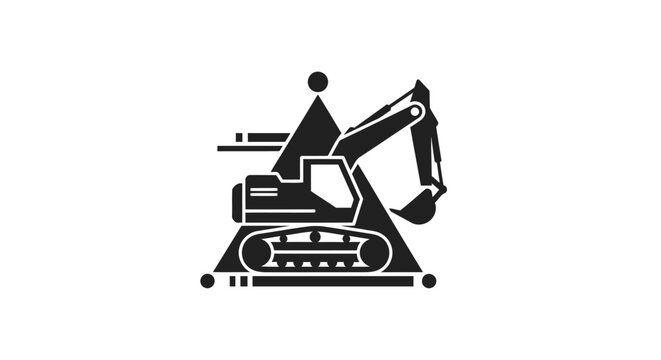 Excavator Machine Icon on Geometric Construction Site.