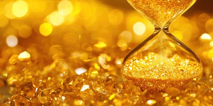 A golden hourglass with sand falling, set against a sparkling, golden background with a reflective surface.
