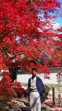 Travel lifestyle in Kyoto with kimono and fall colors